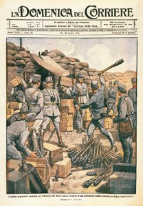Oostenrijkse barbaren maken voorbereidingen voor het offensief aan de Beneden-Isonzo, illustratie uit La Domenica del Corriere, 23 juli door Achille Beltrame