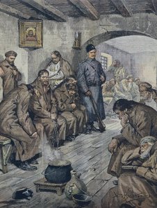 BELTRAME, Achilles (1871-1945). Russische gevangenen in hongerstaking voor de vrijheid van hun tuberculeuze medegevangenen. Illustratie door A. Beltrame, La Domenica del Corriere, 19 juni