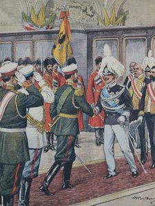 Victor Emmanuel III (1869-1947). Koning van Italië (1900-1946).; Nicholas II. Tsaar van Rusland (1894-1917). RUSLAND. De tsaar ontvangt koning Victor Emmanuel III van Italië in Peterhof. Illustratie van A. Beltrame. La Domenica del C door Achille Beltrame
