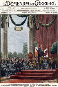 Benito Mussolini houdt zijn toespraak in het Teatro Reale van de opera in Rome voor de leiders van het regime. Illustratie door Achilles Beltrame. 