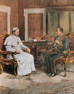 Benito Mussolini in vergadering met paus Pius XI op 11 februari