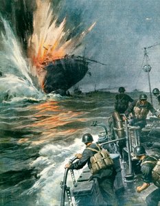 Brits koopvaardijschip gezonken door Italiaanse MAS in Middellandse Zee, 3 augustus door Achille Beltrame