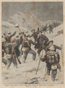 Nieuwjaar in de hoge bergen, ontmoeting van Italiaanse en Franse alpini aan de grens bij een temperatuur van -16°C