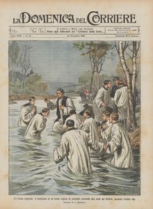 Originele ceremonie, de doop in een Engelse rivier van verschillende bekeerlingen tot de sekte van ?