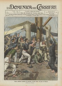 Vijf misdadigers overvallen een stoomschip midden op de dag in de haven van Palermo door Achille Beltrame