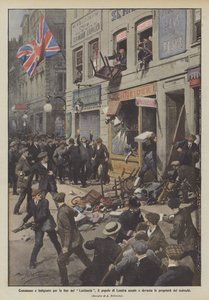 Geschokt en verontwaardigd door het einde van de Lusitania, bestormt en verwoest het volk van Londen de eigendommen van de Duitsers door Achille Beltrame