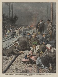 Stakende boeren van Argenta (Ferrara) die de nacht doorbrengen op het spoor