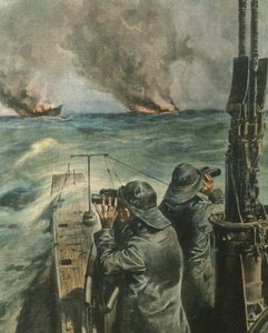 Omslagillustratie van Anglo-Amerikaanse stoomschepen getorpedeerd voor de kust van West-Afrika tijdens de Tweede Wereldoorlog door Achille Beltrame