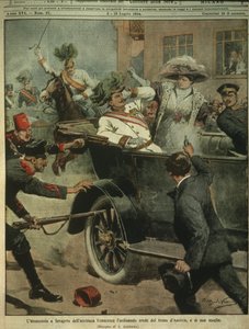 Omslagillustratie van de moord op aartshertog Franz Ferdinand van Oostenrijk, erfgenaam van de Oostenrijks-Hongaarse troon, Sarajevo door Achille Beltrame