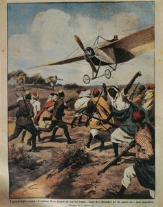 Omslagillustratie van Kapitein Moizo die een noodlanding probeert tijdens de Afrikaanse campagne, door Achille Beltrame, uit La Domenica del Corriere, 22 september 1912