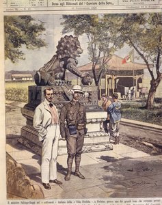 Omslagillustratie van toeristen in de Verboden Stad; Peking, China