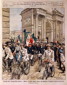 Fietsers paraderen bij Boog van Vrede, Italiaanse Touring Club viering in Milaan, Italië, illustratie door Achille Beltrame uit La Domenica del Corriere, 4 juni