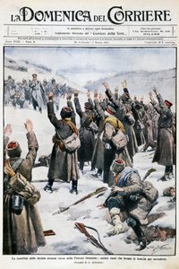 Nederlaag van het tiende Russische leger in Oost-Pruisen: Russische soldaten steken hun armen op in overgave, plaat door Achille Beltrame (1871-1945) uit La Domenica del Corriere, 28 februari-7 maart 1915 door Achille Beltrame