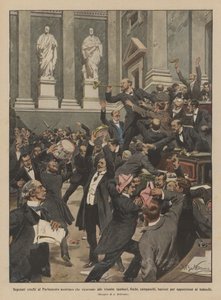 Tsjechische afgevaardigden in het Oostenrijkse parlement die hun toevlucht nemen tot trompetten, trommels, fluitjes, bellen
