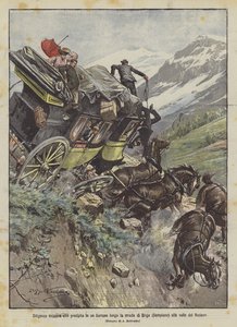 Zwitserse diligence die in een ravijn stort langs de weg van Briga (Sempione) naar de Rhônedalen