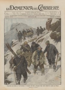 Ongelukkige bergtocht in Val Brembana, het vervoer van de gewonden naar Bergamo na drie dagen door Achille Beltrame