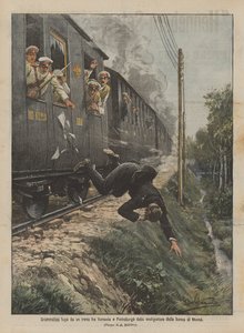 Dramatische ontsnapping uit een trein tussen Warschau en Sint-Petersburg van de overvaller van de bank van Moskou door Achille Beltrame