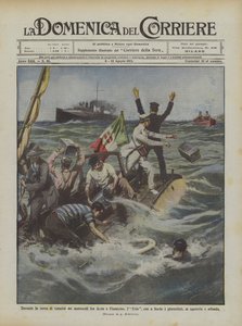 Tijdens de snelheidsrace van motorboten tussen Anzio en Fiumicino, de Eolo, met aan boord door Achille Beltrame