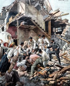 Aardbeving in Reggio (Calabrië) op 28/12/1908. Soldaten zoeken in het puin naar de slachtoffers van de aardbeving. Illustratie door Beltrame.