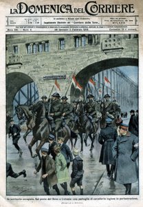 Engelse aanwezigheid in Duitsland: militaire troepen op een Rijnbrug in Keulen. Illustratie van Beltrame. La Domenica del Corriere. 01/1919 door Achille Beltrame