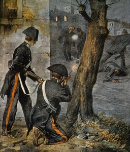 Episode van de Siciliaanse maffia, conflict tussen politie en gangsters in Trapani uit La Domenica del Corriere, 31 december door Achille Beltrame