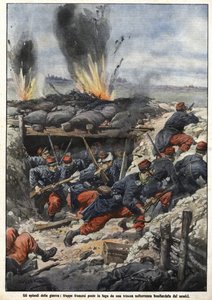Episode van de oorlog van 1914: Franse troepen in de loopgraven worden gebombardeerd door vijanden. 