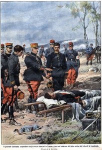 Episode van de oorlog van 1914: Generaal Noel Edouard de Curieres de Castelnau (1851-1944), commandant van het Franse leger in Lotharingen, zweert bij het lichaam van zijn dode zoon om hem te wreken. Illustratie door Achille Beltrame in "La Domenica del Co door Achille Beltrame