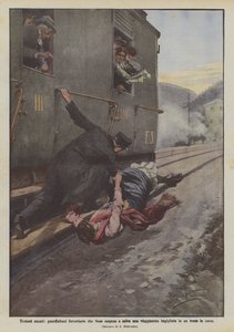Onbekende heldendaden, treinremmer houdt reiziger vast die vastzit in een rijdende trein door Achille Beltrame