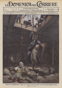 Heldendom op een Italiaanse stoomboot, kapitein laat zich in een besmet ruim zakken om twee mensen te redden