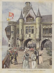 Wereldtentoonstelling van Parijs, de Sint-Michielpoort die leidt naar het oude Parijs door Achille Beltrame