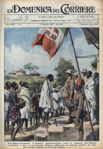 Fascisme 1937: Bijeenkomsten in Gambela, het handelscentrum van het Ethiopische Rijk, van inheemse hoofden en persoonlijkheden om een toetredingsakte tot de Italiaanse regering te maken. Illustratie van Achille Beltrame in 