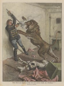 Wreed gevecht tussen een temmer, een leeuw en een hond in het Ciniselli-circus, nu in Sint-Petersburg