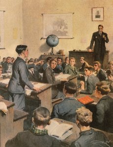 Strijd tegen analfabetisme, kinderen op school, door Achille Beltrame, illustratie door Achille Beltrame