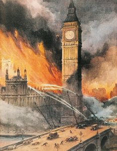 Brand in Westminster Palace, Londen, na Duitse bombardementen, illustratie uit 