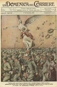 Eerste Wereldoorlog 1918 - Italië in de oorlog. Overwinningsdag. In het uur van glorie. Na een titanische strijd, de immense offers, de doden, de stormen, heeft het leger van Italië, de heroïsche Romeinse legioenen die vochten voor de heiligste zaak, de Vi door Achille Beltrame