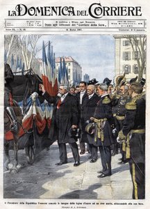 De Franse president Armand Fallieres (1841 - 1931) reikt de medaille van het Legioen van Eer uit aan een held die in de strijd is gesneuveld. Ill. de Beltrame. La Domenica del Corriere. 31/03/1907 door Achille Beltrame