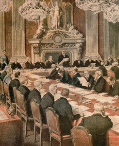 Franse president Georges Clemenceau spreekt op de Vredesconferentie van Parijs, door Achille Beltrame, illustratie door Achille Beltrame