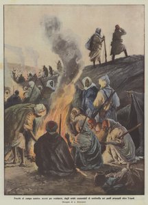 Vuren in het vijandelijke kamp, aangestoken om zich te verwarmen, door de Arabieren die als schildwachten dienen in de voorposten buiten Tripoli door Achille Beltrame