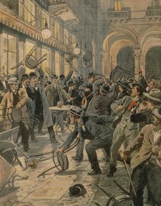 Algemene staking van arbeiders in Milaan, rellen in Galleria Vittorio Emanuele II, door Achille Beltrame, illustratie, Illustrator Achille Beltrame (1871-1945), uit La Domenica del Corriere door Achille Beltrame