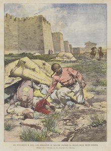 De gebeurtenissen in China, een plunderaar van lijken betrapt door soldaten van de Europese troepen