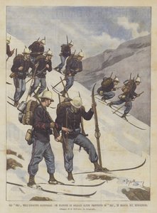 De SKJ in het nationale leger, een peloton Alpenjagers uitgerust met SKJ marcherend op de Moncenisio door Achille Beltrame