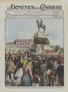 De Balkanlanden in wapens tegen Turkije, aanmoedigingen en demonstraties rond het standbeeld door Achille Beltrame