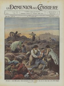 De verschrikkingen en pijnen van de oorlog, Montenegrijnse vrouwen die hun geliefden zoeken op het slagveld door Achille Beltrame