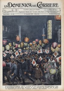 Groot defilé van inwoners van Tokio om Italië en Duitsland te eren na de erkenning van de nieuwe staat Mantsjoekwo (Manchukuo of Manzhouguo). Illustratie van Achille Beltrame in 
