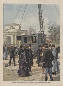 Guglielmo Marconi woont in Milaan de tests bij van het eerste mobiele radiotelegrafiestation door Achille Beltrame