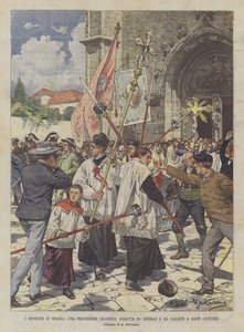 De ongeregeldheden in Spanje, een religieuze processie aangevallen door liberalen en Carlisten in Gijon (Asturië)