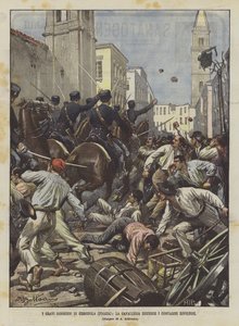 De ernstige ongeregeldheden van Cerignola (Foggia), de cavalerie verspreidt de opstandige boeren door Achille Beltrame