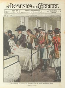 De vorsten van Italië in Montenegro, koningin Elena bezoekt de zieken in het ziekenhuis van Cetinje door Achille Beltrame