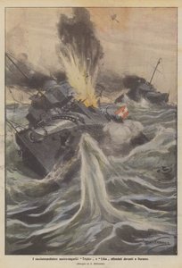 De Oostenrijks-Hongaarse torpedobootjagers Triglav en Lika gezonken voor Durazzo door Achille Beltrame