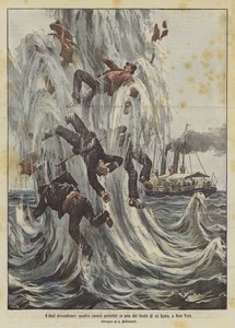 De buitengewone gevallen, vier mannen die in de lucht worden geslingerd vanuit de bodem van een rivier, in New York
